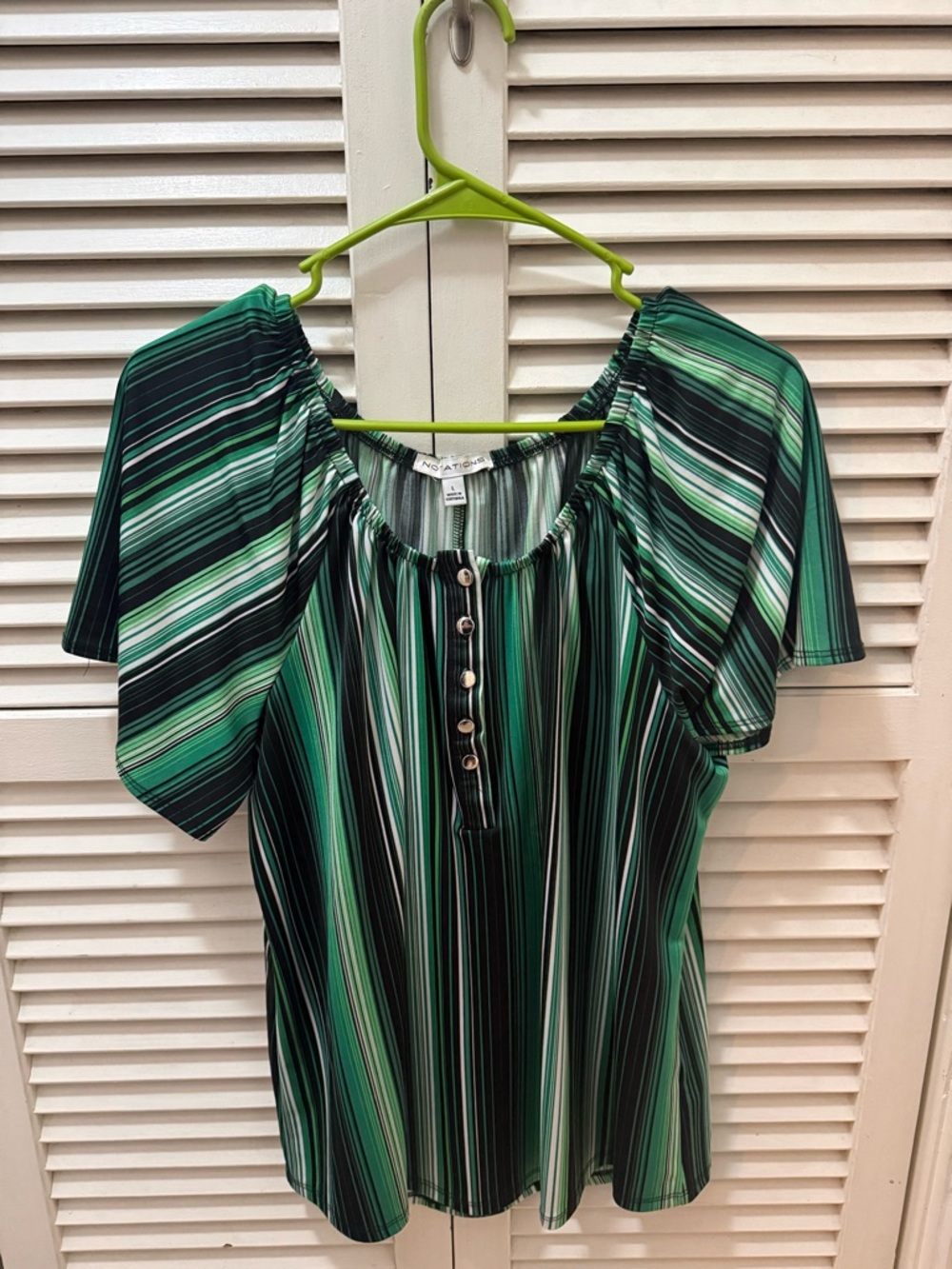 Notations Green Multi-Stripe Short Sleeve Peasant Top